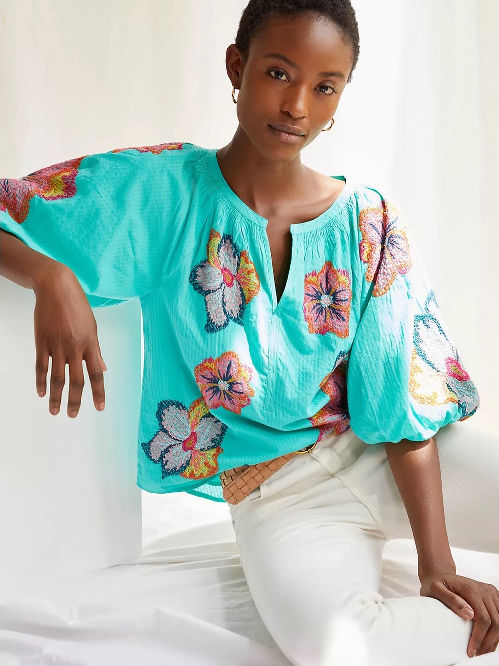 Anthropologie Turquoise Embroidered Floral Peasant Top